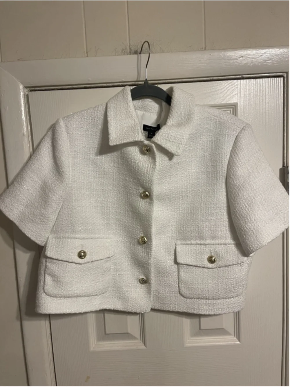 Ann Taylor White Bouclé Cropped Boxy Shimmer Short Sleeve Jacket Blazer 16 NWT